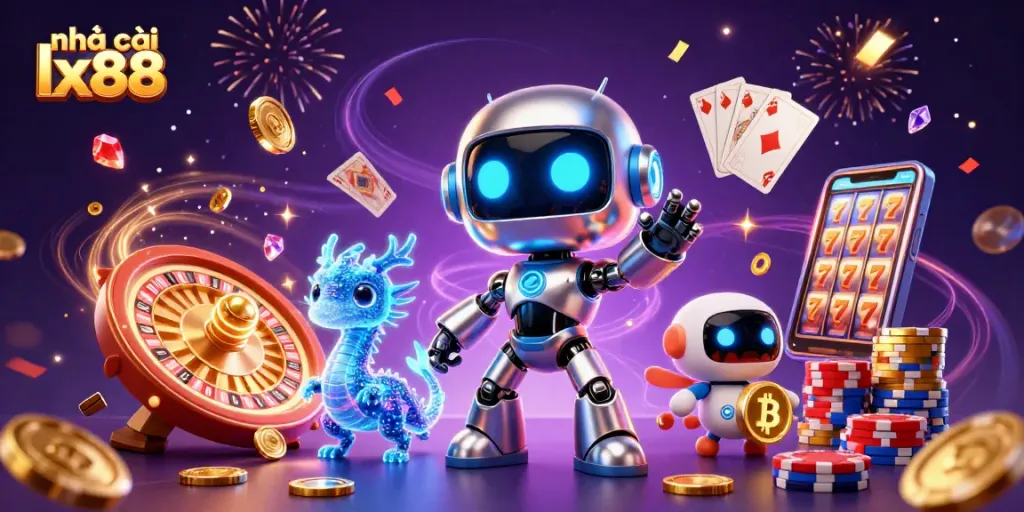 Win big with nhà cái lx88 in an exciting 3D casino scene featuring vibrant game elements.