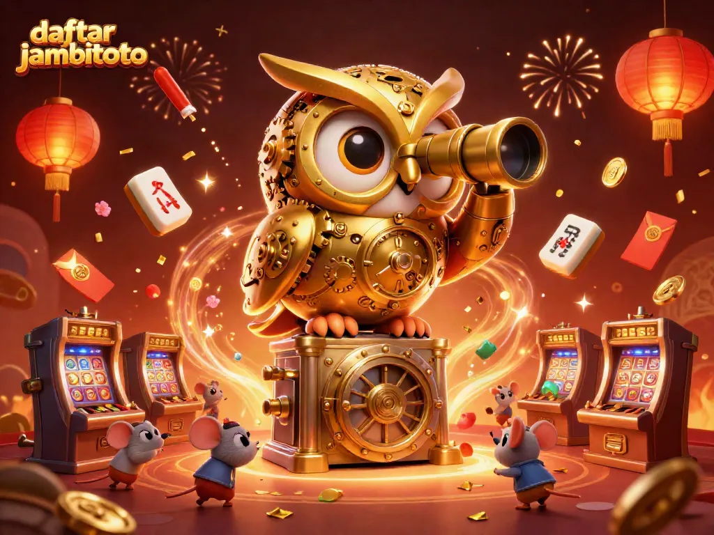 Engage in the vibrant world of daftar jambitoto with a golden owl and animated casino elements.