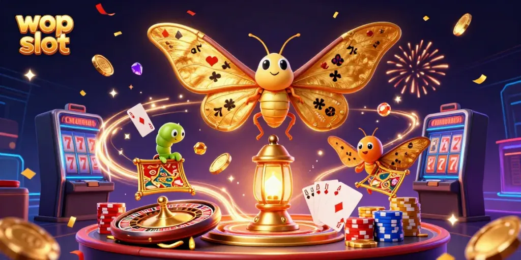 Bermain wop slot dengan kemewahan dan keberuntungan, menampilkan karakter kupu-kupu raksasa dan pemandangan kasino yang memukau.