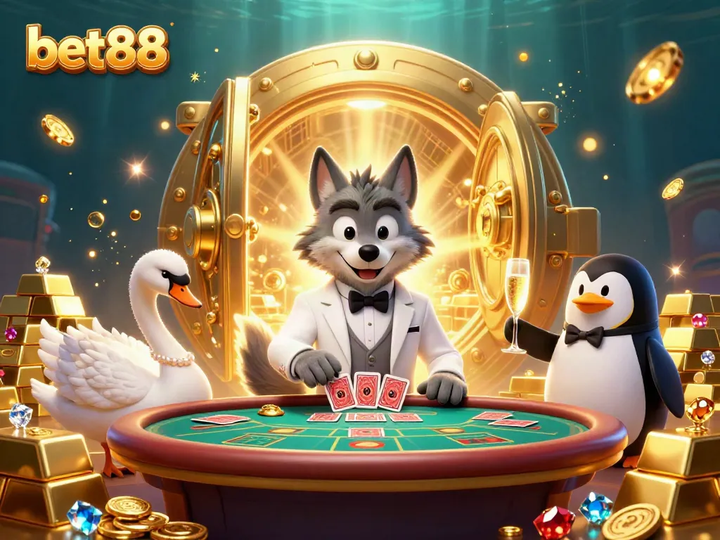 Experience luxurious gaming with bet88 featuring a wolf, swan, and penguin in a vibrant casino scene.