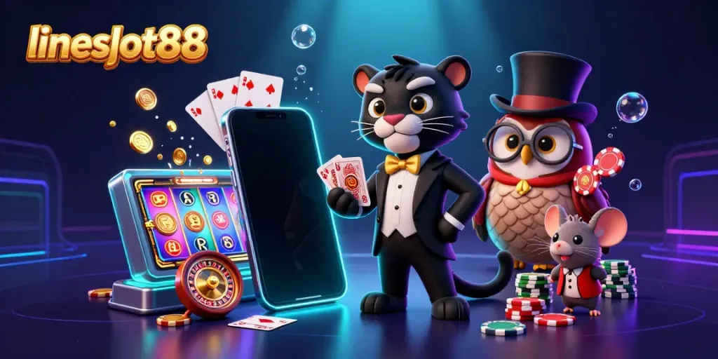 Engage with lineslot88 in an ultra-detailed scene featuring a tuxedo panther dealing cards among vibrant gaming elements.