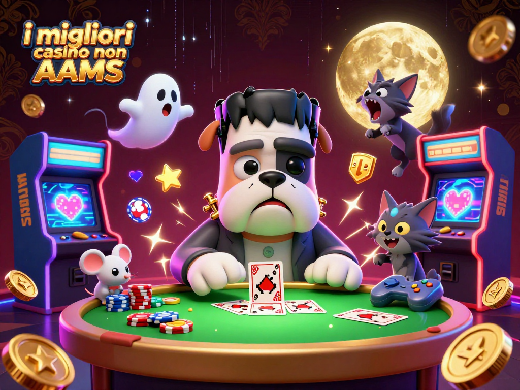 I migliori casino non AAMS offrono un'illustrazione vivace con personaggi che giocano a carte e macchine da gioco.