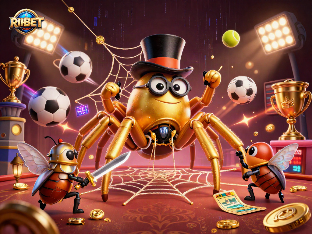 Engage with RIKBET at a vibrant 3D casino scene featuring whimsical characters and dynamic sports elements.