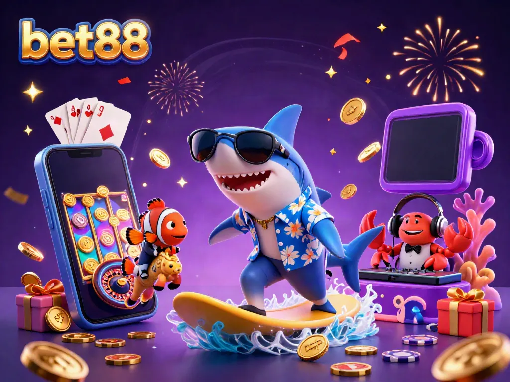 Bet88's vibrant 3D illustration showcasing a surfing shark with coins, promoting gaming excitement.