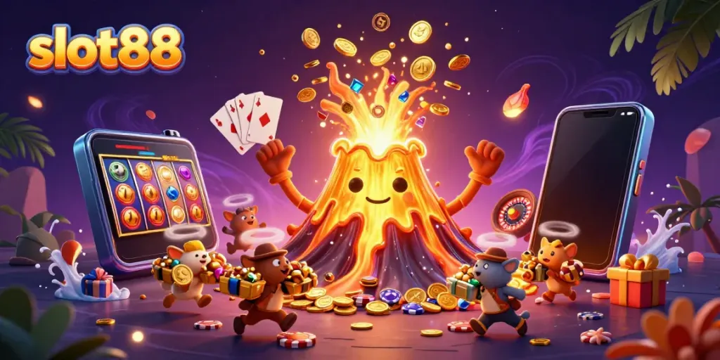 Slot88 menghadirkan lava emas yang mengalir dengan koin dan karakter lucu berlari penuh harta.
