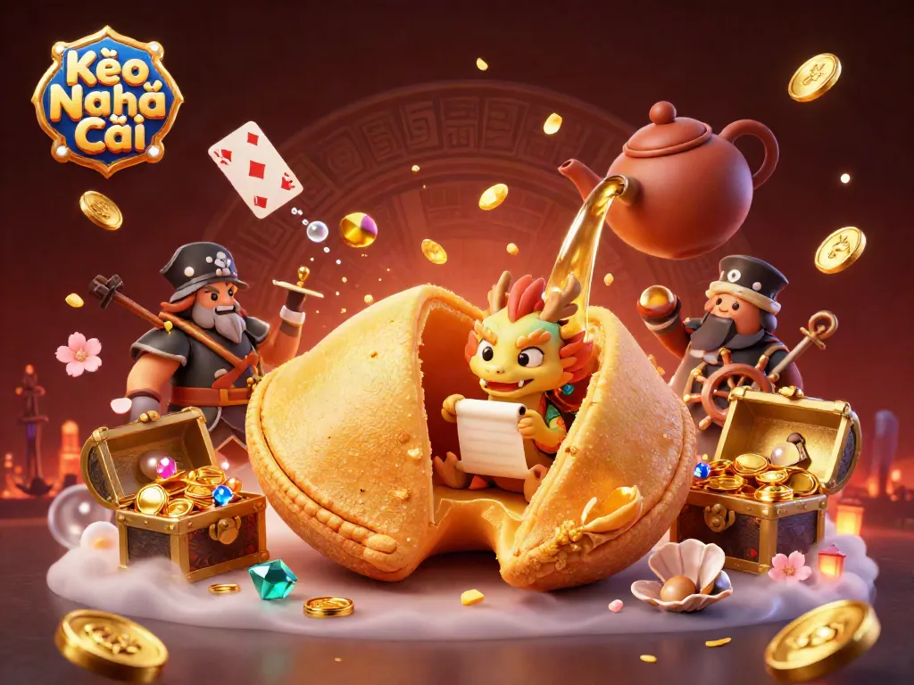 Bet major games like Kèo Nhà Cái with this vibrant 3D fantasy illustration of fortune ingredients and dynamic elements.