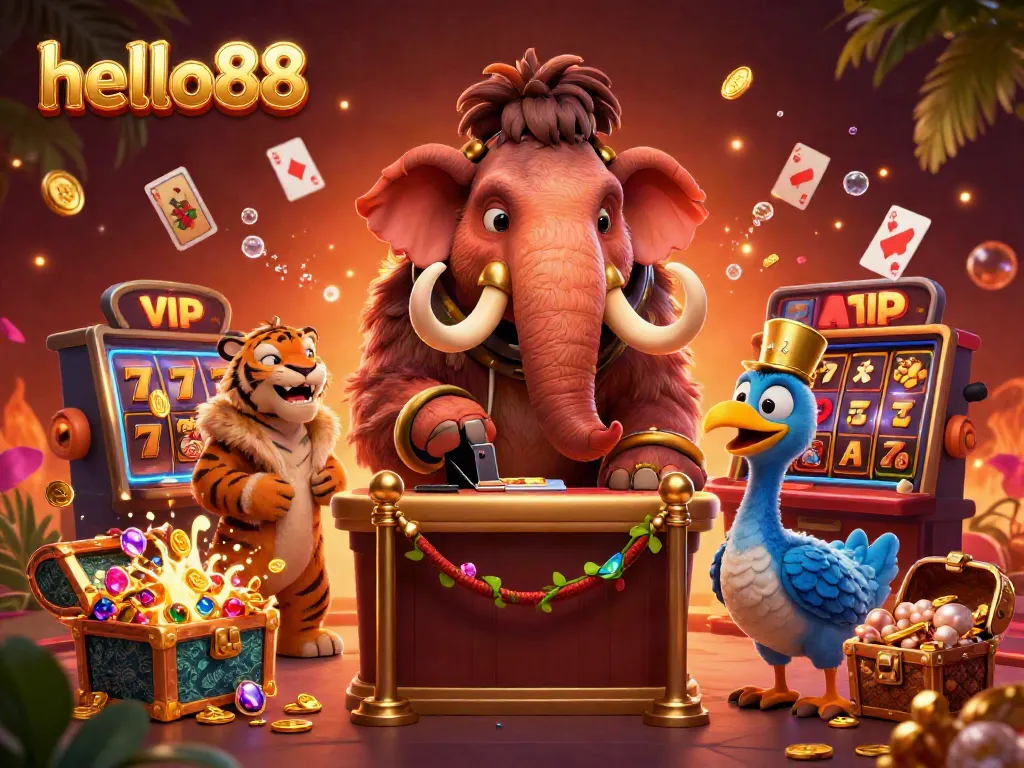 Experience the vibrant world of hello88 with a bustling casino scene featuring playful characters and slot elements.