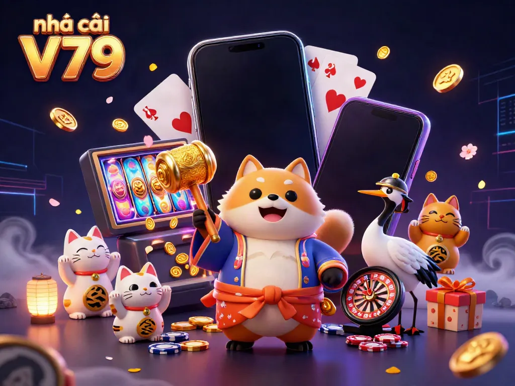 Cherish a vibrant scene of Nhà cái V79 featuring a cheerful tanuki with lucky symbols and dynamic casino elements.