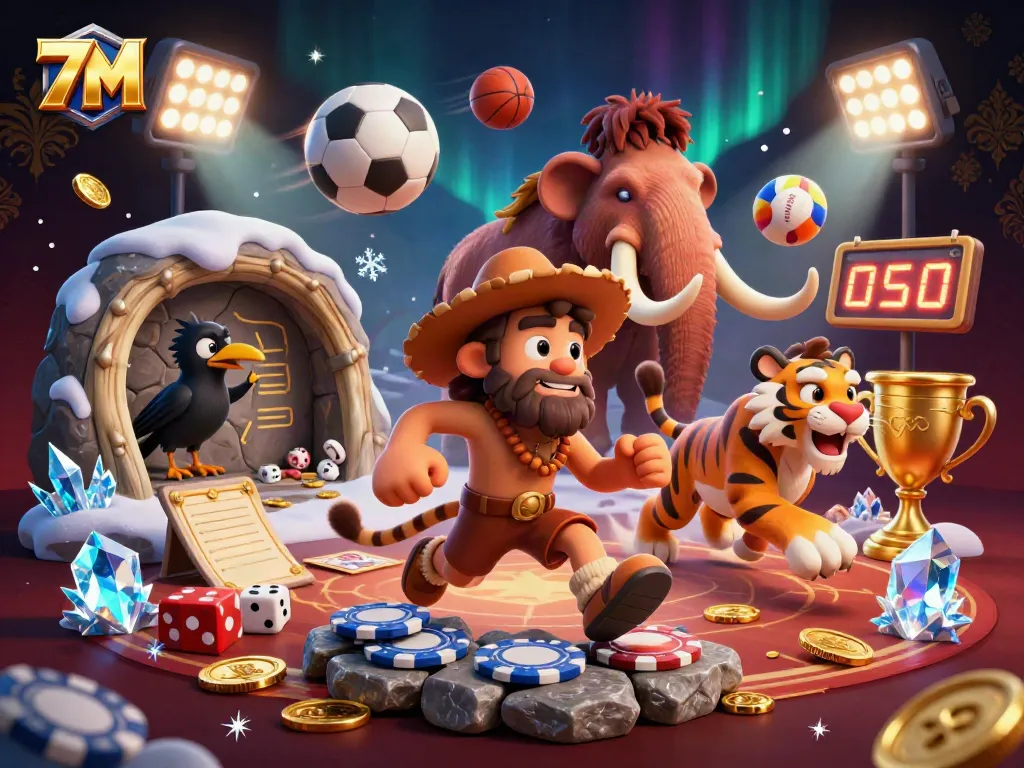 Bet on thrilling sports adventures at 7M's dynamic prehistoric casino, featuring engaging characters and vivid action.