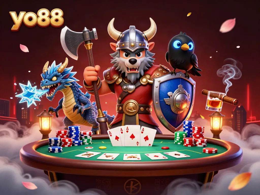 Experience thrilling action at yo88 with a fierce Viking wolf warrior and dragon amidst a vibrant poker scene.