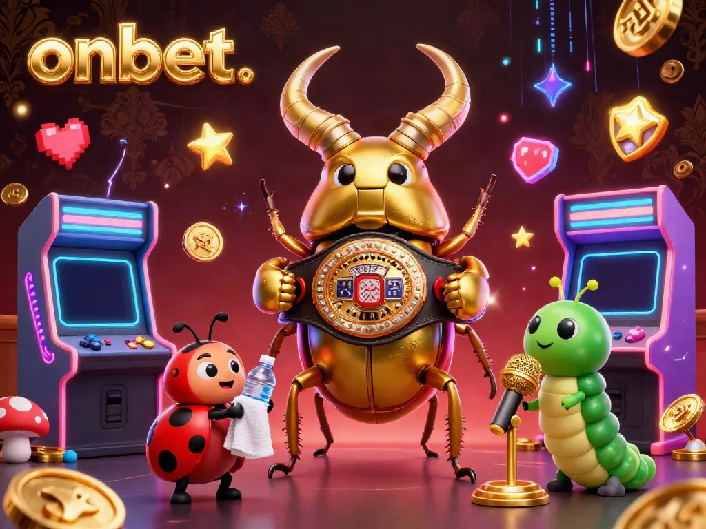 Engage with onbet's colorful gaming world featuring a giant beetle boxing champion and a dynamic gaming setup.