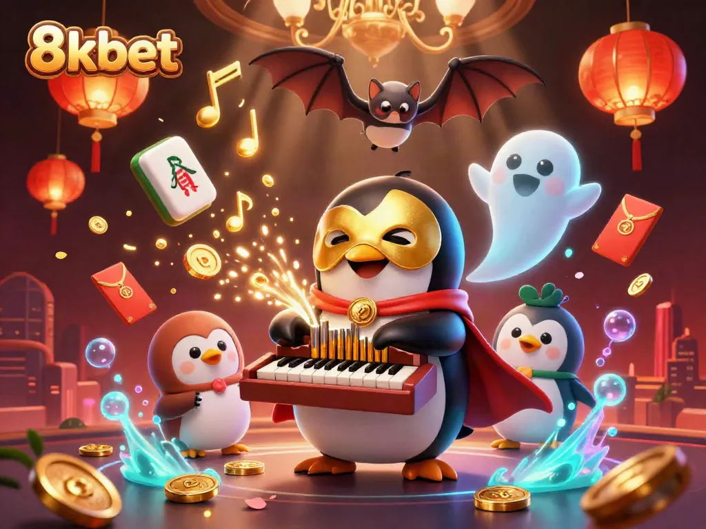 Experience the thrill of 8kbet with a dynamic casino-themed scene featuring a penguin and acrobat.