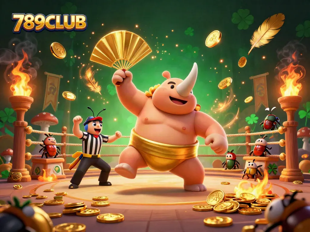A dynamic scene depicting a 789CLUB betting arena with a beetle sumo champion surrounded by gold coins.