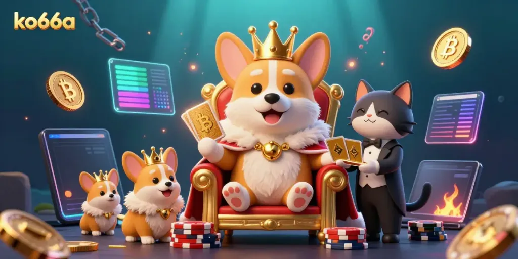 Win big at ko66a with this vibrant 3D illustration showcasing a royal corgi enthroned among a wealth of casino elements.