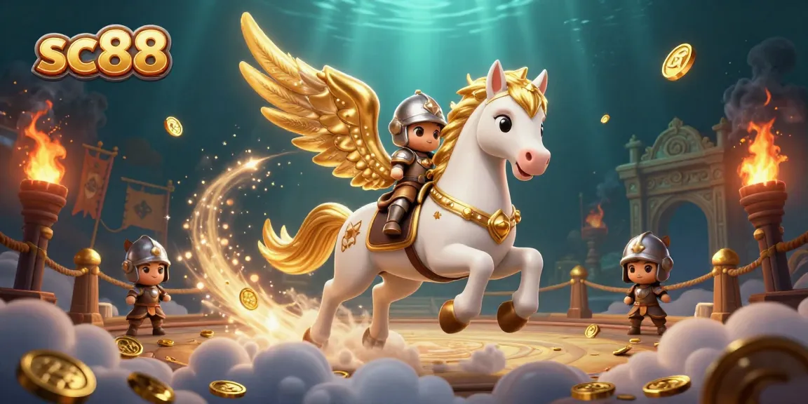 Experience the thrill of sc88 with a celestial horse and a knight in a dynamic casino scene.