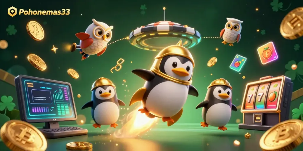 Rasakan keseruan bermain game online di Pohonemas33 dengan penguin emas berpeluncur dan koin yang bersinar.
