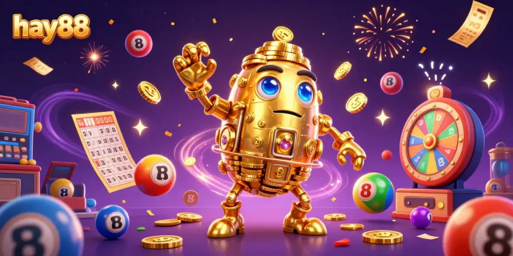 Experience the thrilling world of hay88 with a vibrant scene of a golden golem amidst lottery balls and confetti.