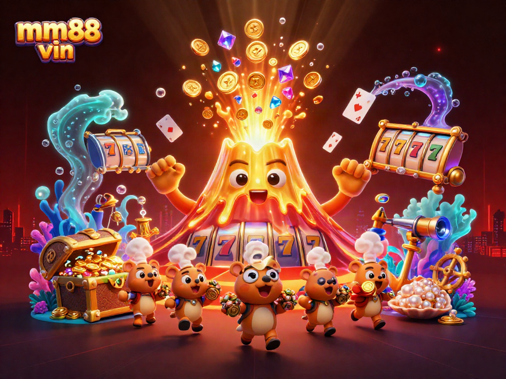Spin the reels with mm88 vin as a golden volcano erupts treasures in a vibrant 3D casino scene.