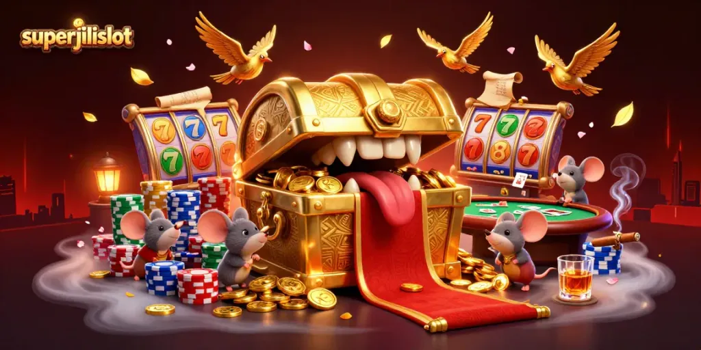 Engage with superjilislot in an immersive, rich 3D illustration showcasing vibrant slot reels and golden treasure elements.
