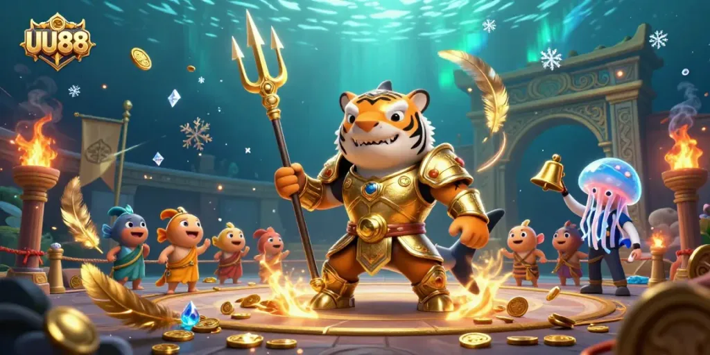Experience the thrill of UU88 with a dynamic underwater casino scene featuring a golden gladiator shark.