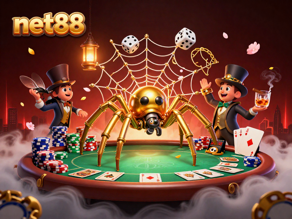 net88 showcases a steampunk spider ensnaring dice amidst elaborate casino elements.