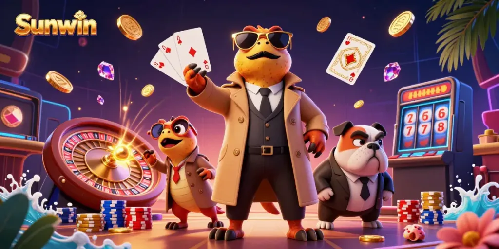 Sunwin's thrilling VIP experience illustrated with raptors and bright gaming elements