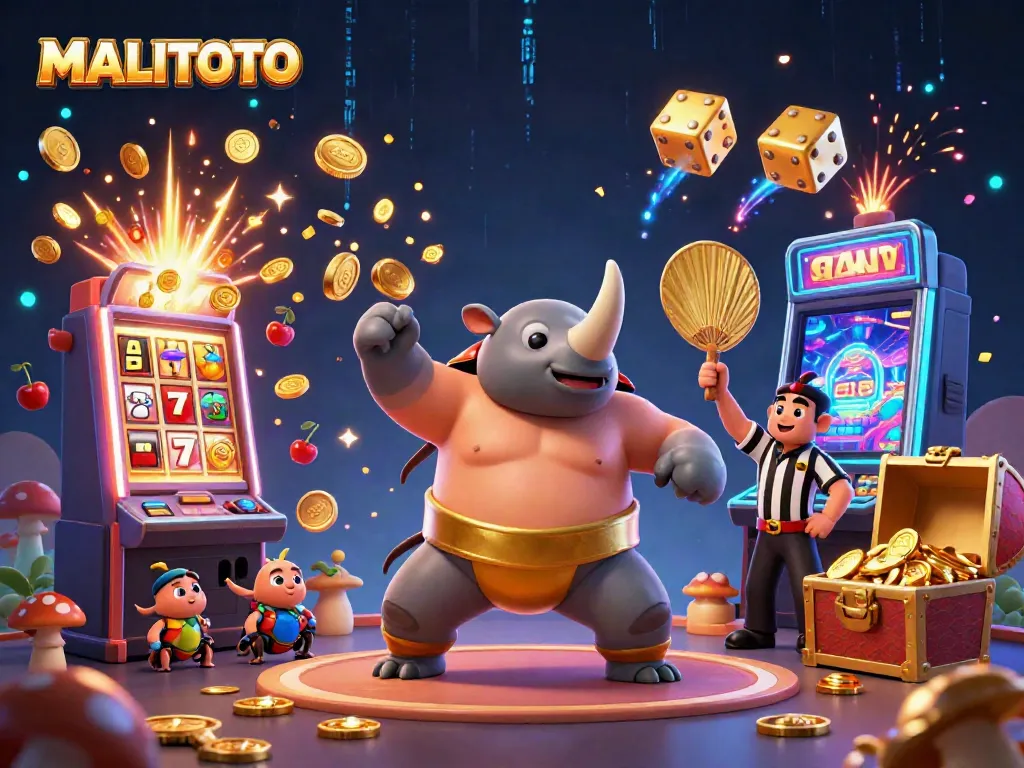 MALITOTO showcases a dynamic casino scene with a cartoon rhinoceros beetle champion amidst exploding slots, coins flying, and festive effects.