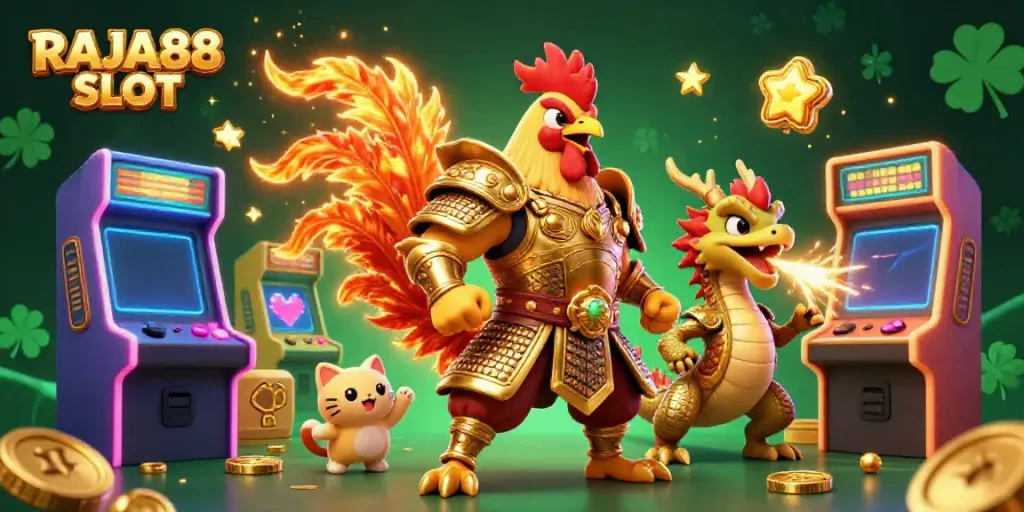 Engage in excitement with RAJA88 SLOT, featuring dynamic characters and vibrant gaming elements.