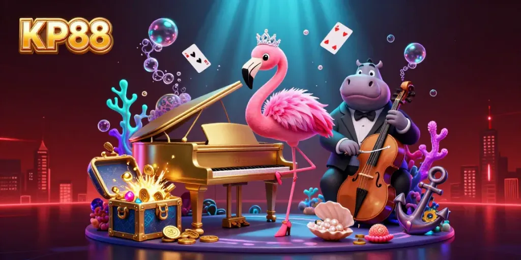 Experience vibrant casino adventures at KP88 with an animated flamingo performer and hippo bassist.