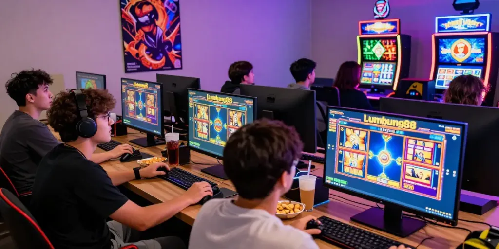 Exciting gaming environment showcasing lumbung88 slot machines during a lively gaming session with friends.