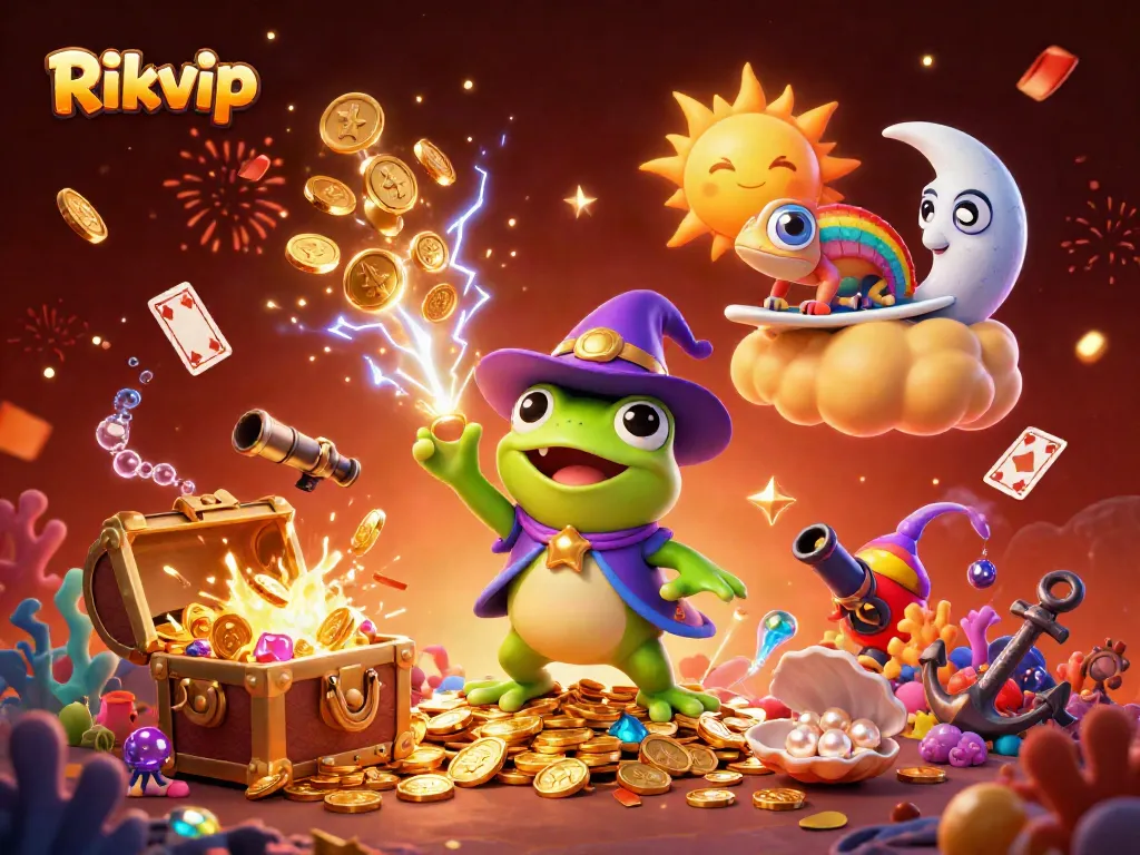 Experience the excitement of Rikvip with vibrant 3D characters and dynamic gaming elements in a dazzling casino scene.