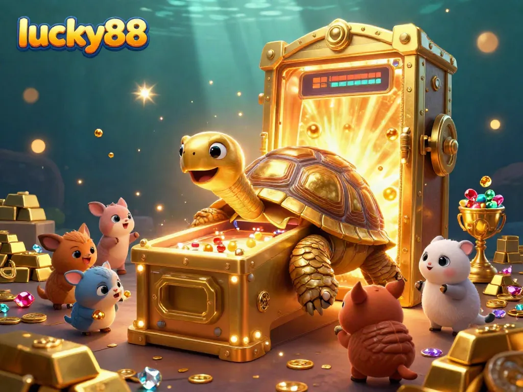 Engage in a thrilling lucky88 game with a vibrant 3D casino illustration featuring a golden tortoise and treasure.