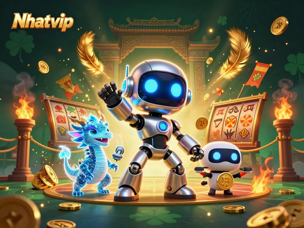Nhatvip offers thrilling slot gaming with a vibrant cyberpunk-themed illustration featuring unique characters and elements.