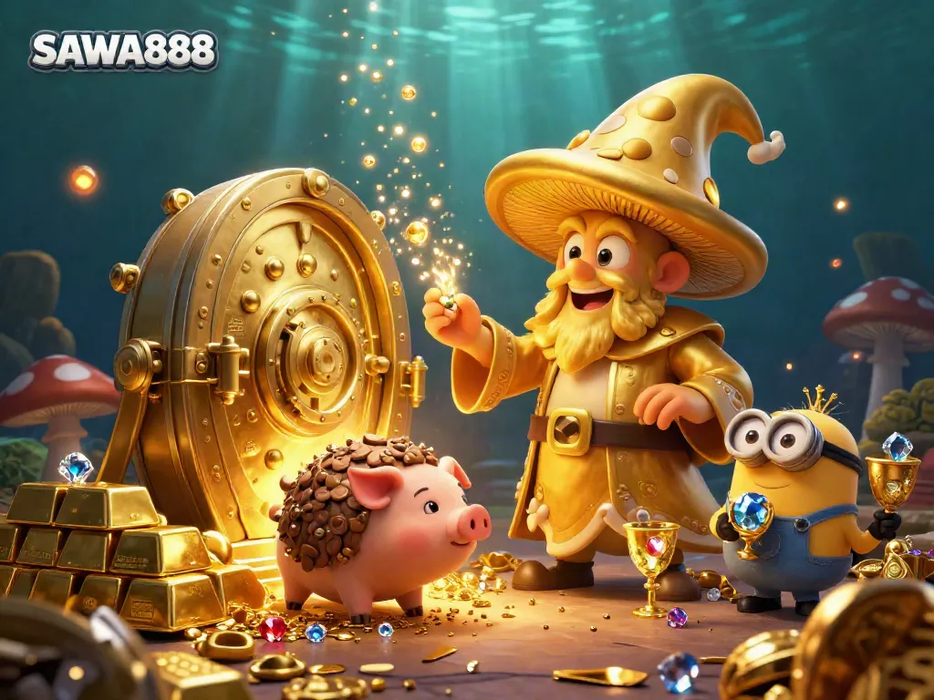 Engage in the magic of SAWA888 with a golden wizard and treasures in an exciting casino scene.