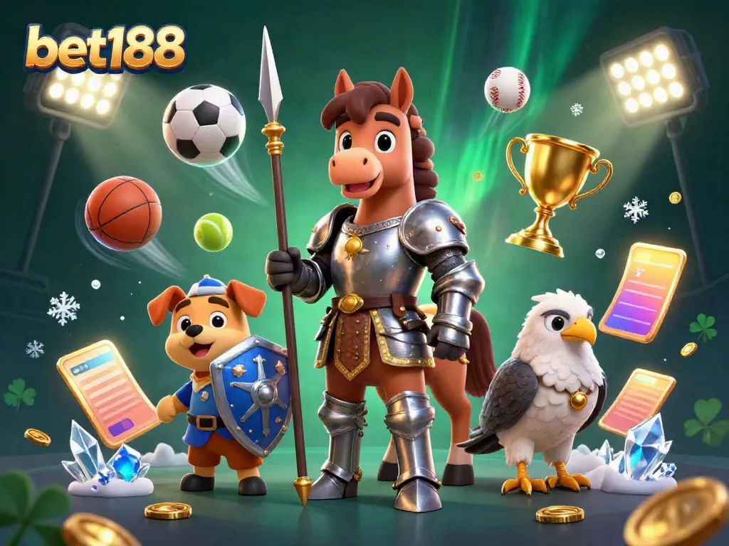 Bet188 immersive sports betting illustration featuring a knight, puppy, and falcon amidst dynamic game elements.