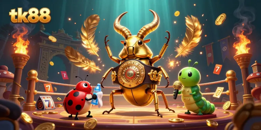 Engage with tk88's vibrant casino scene featuring animated characters battling amidst gold coins, jackpots, and slot reels.