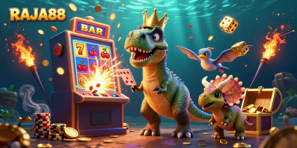 Engage with RAJA88’s vibrant online casino scene featuring a T-Rex, pterodactyl, and triceratops amidst a jackpot explosion.