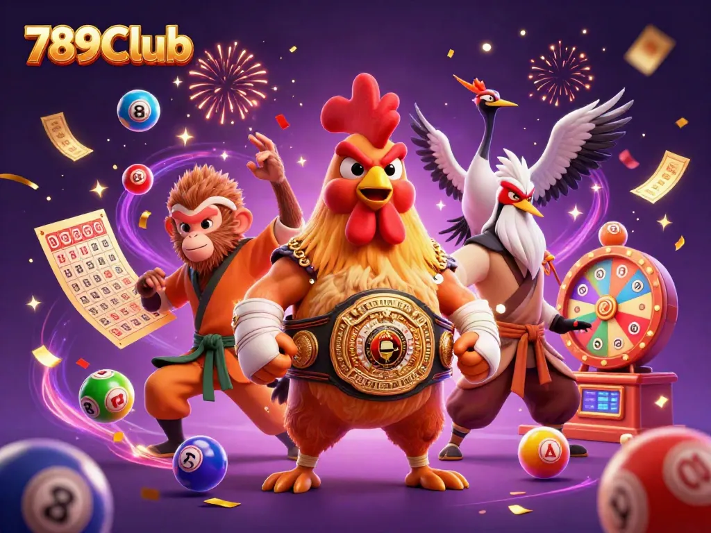 Experience excitement with 789Club in this vibrant 3D casino scene showcasing colorful games and lively characters.