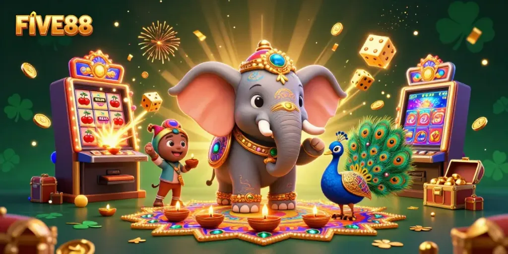 Enjoy winning jackpots at FIVE88 with colorful 3D slot machines and festive elements.
