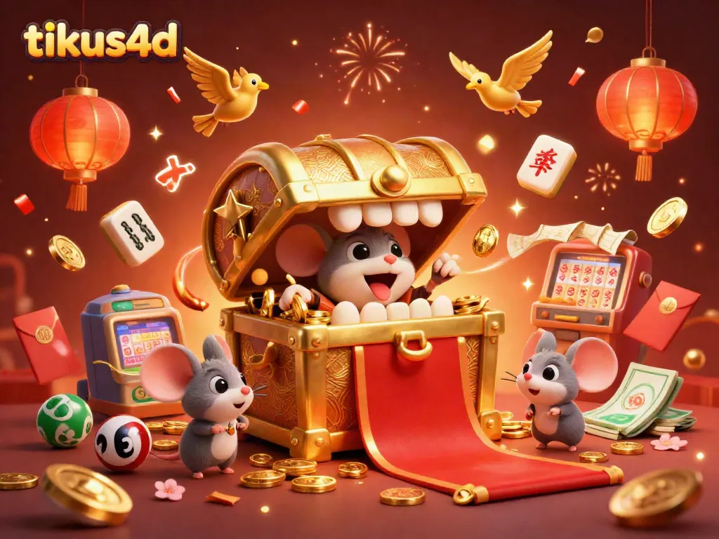 Engage in exciting lottery action with tikus4d, showcasing a 3D treasure chest lure, prizes, and festive elements.
