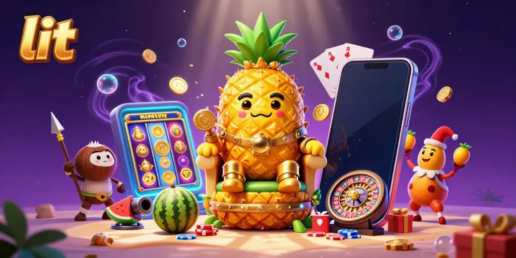 Engage with lit casino fun featuring a golden pineapple king, colorful slot games, and vibrant treasures.