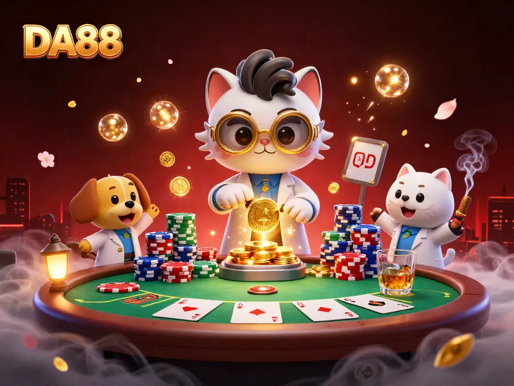 DA88 casino scene with a mad scientist cat and assistant dog creating magic around a poker table.