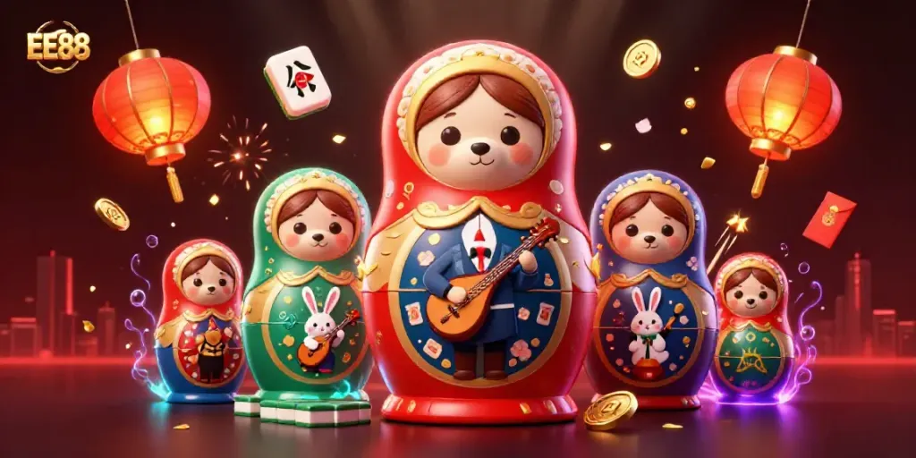 Engage with EE88's lively 3D casino scene featuring vibrant characters and festive elements for a thrilling gaming experience.