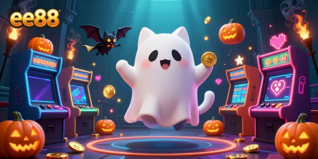 Experience the thrill of the ee88 casino with a ghostly feline and a vampire bat in action.