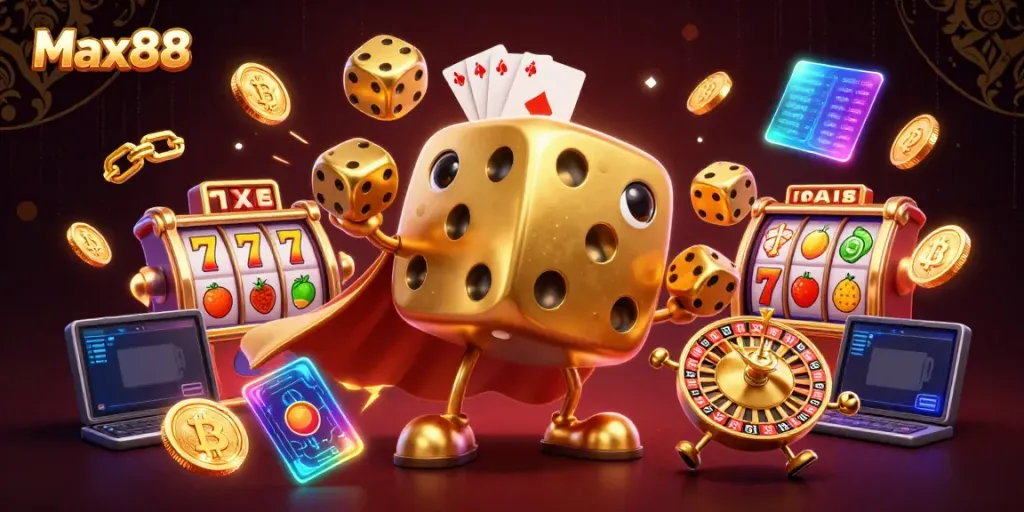 Max88, unleash your winning potential with vibrant slot-themed 3D cartoon illustration.