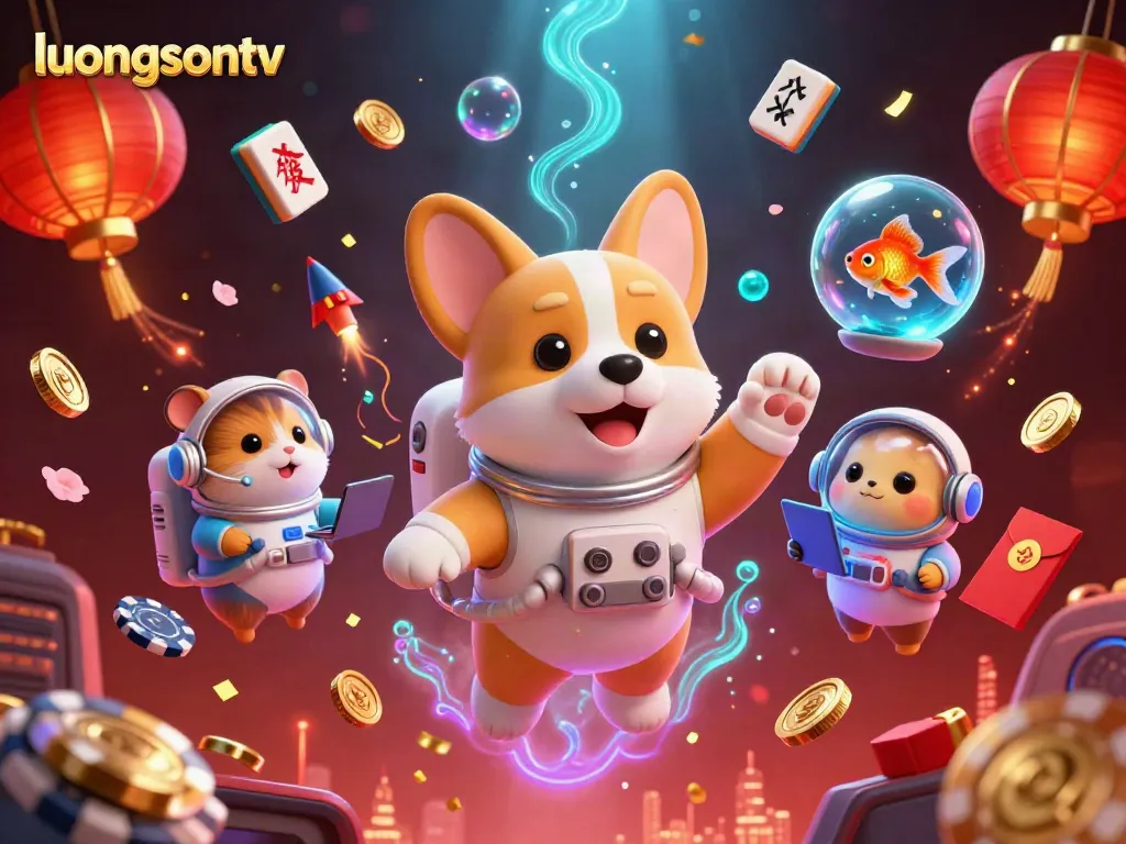 Experience the excitement of luongsontv with a vibrant space casino scene featuring cartoon characters and gaming elements.