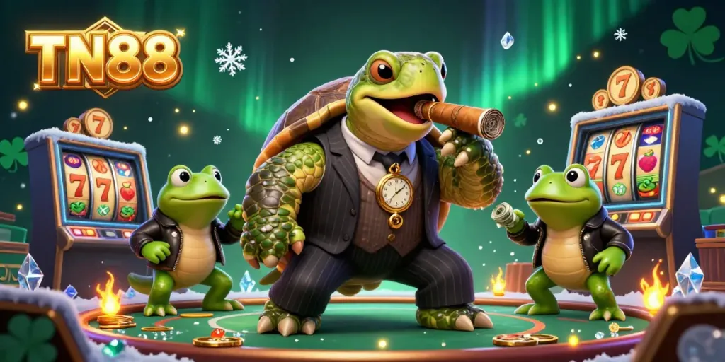 Join the fun at TN88 with a spidered casino illustration featuring a turtle in a mobster suit and bullfrog enforcers.