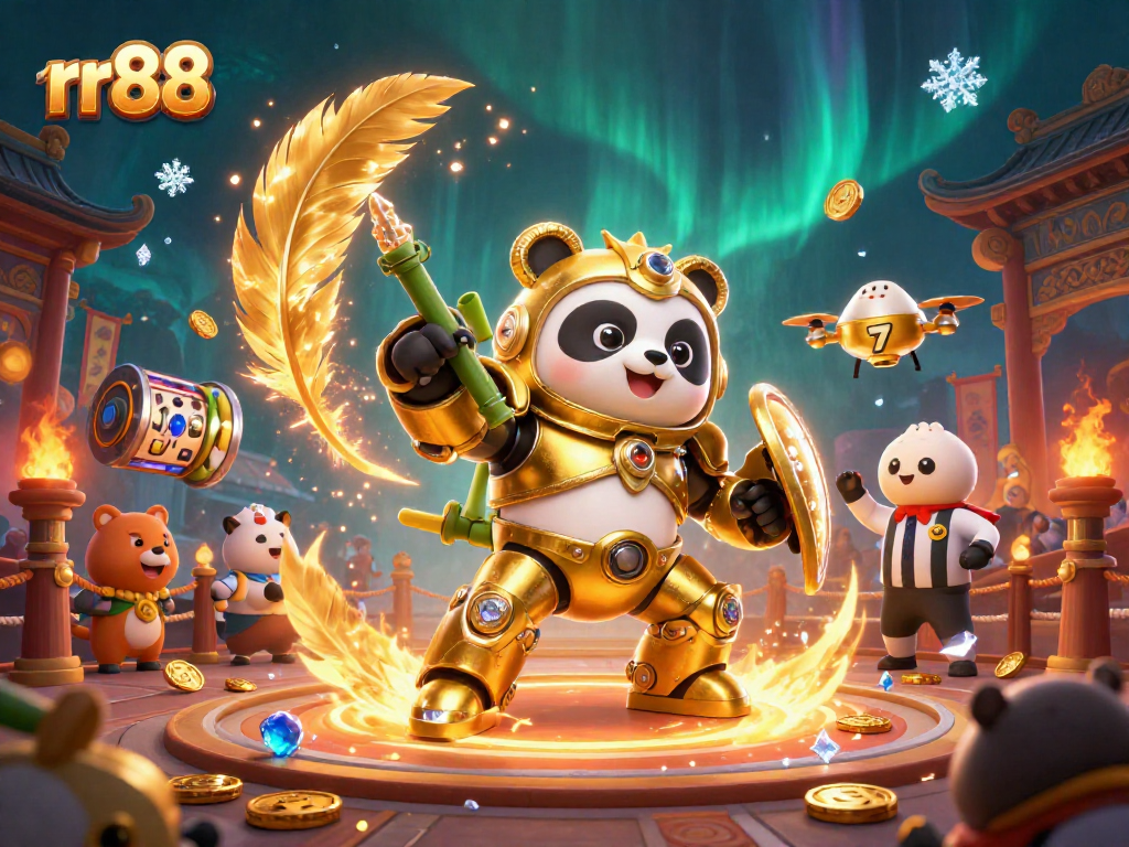 Experience thrilling casino battles with rr88's golden panda robot in a vibrant arena.