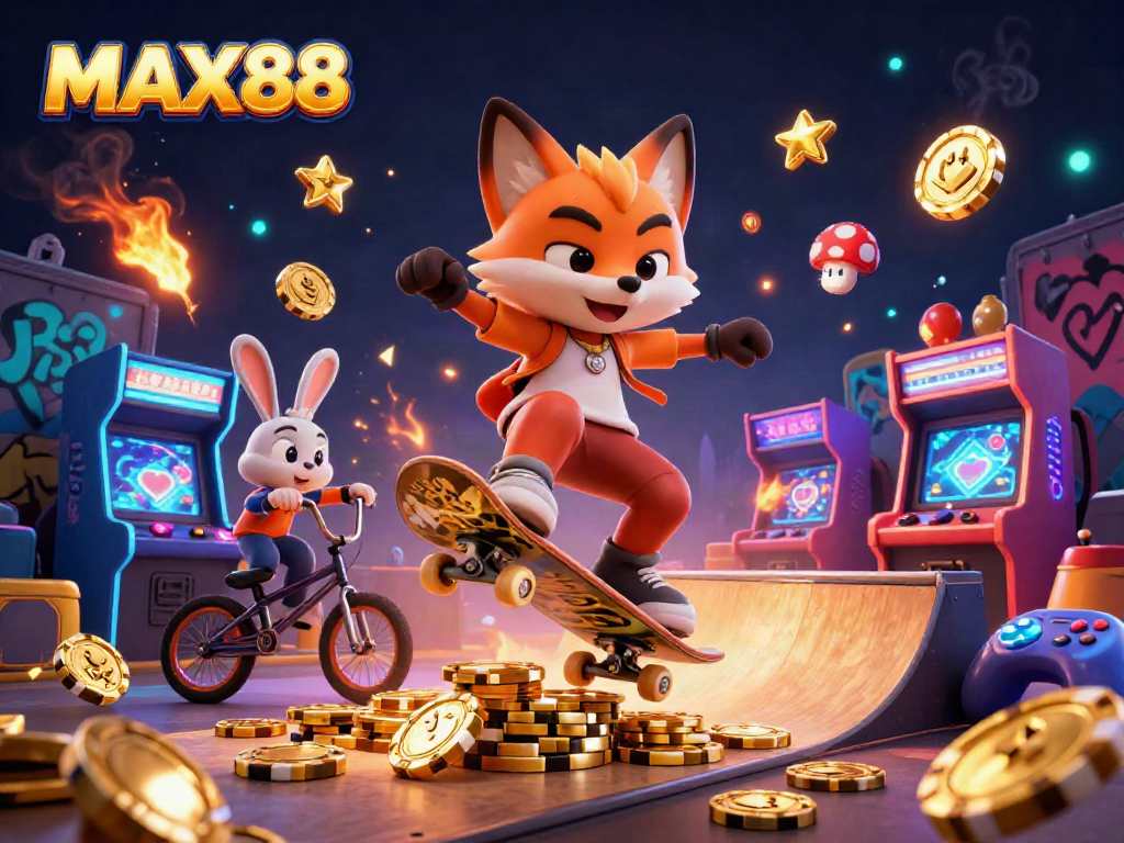 MAX88 transforms players into champions with a dynamic scene of a skateboarder fox and BMX rabbit in a vibrant casino