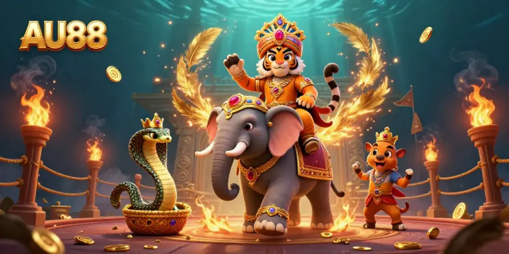 Join the excitement at AU88 with a vibrant casino scene featuring a royal tiger and its companions!
